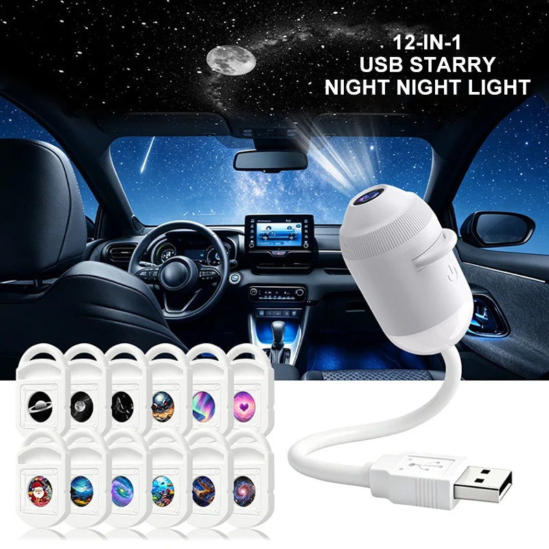 USB Starry Sky Projector Night Light 360° Adjustable Galaxy Atmosphere Lamp for Car Interior Home Bedroom Romantic Nightlight