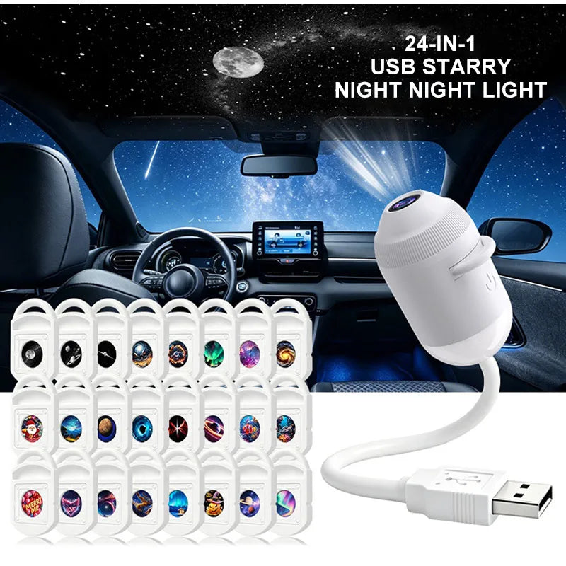 USB Starry Sky Projector Night Light 360° Adjustable Galaxy Atmosphere Lamp for Car Interior Home Bedroom Romantic Nightlight